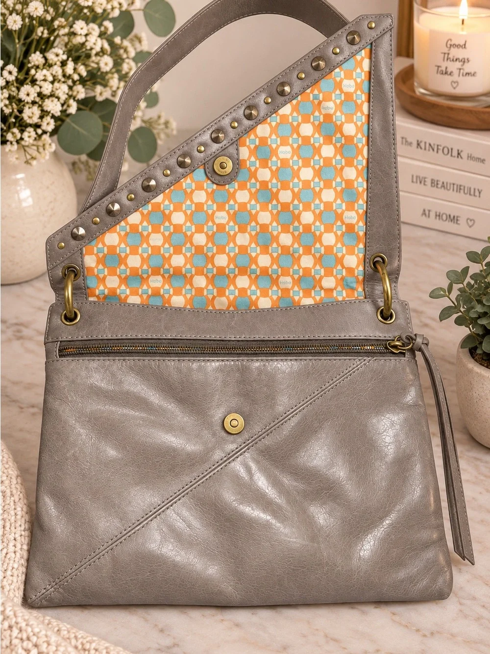 HOBO International Gray Taupe Leather Studded Shoulder Bag
